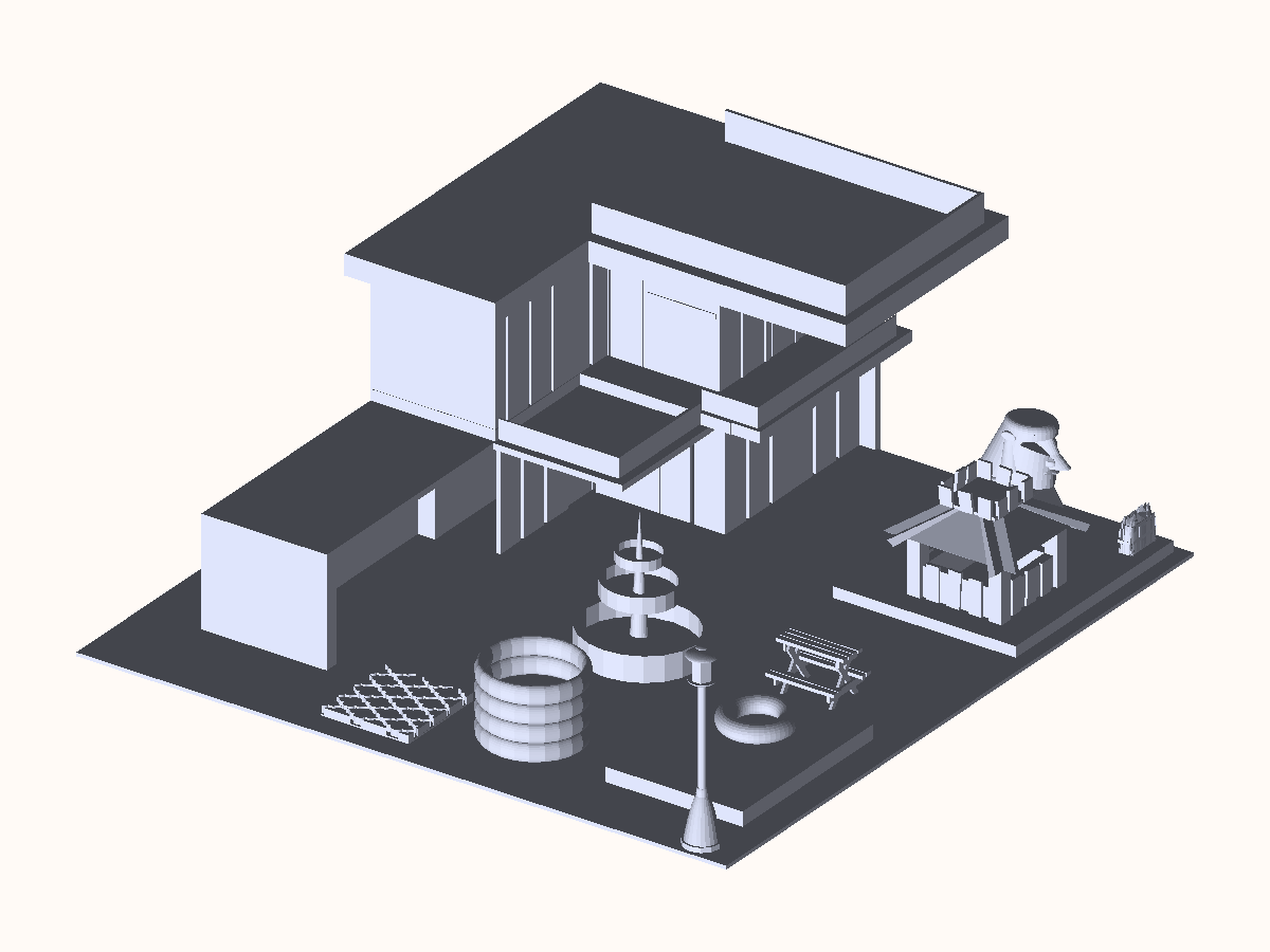 Isometric render of the backyard model: a two-storey house with a veranda, a shed, a tiered fountain, a raised circular pond, a lamp post and a picnic table
