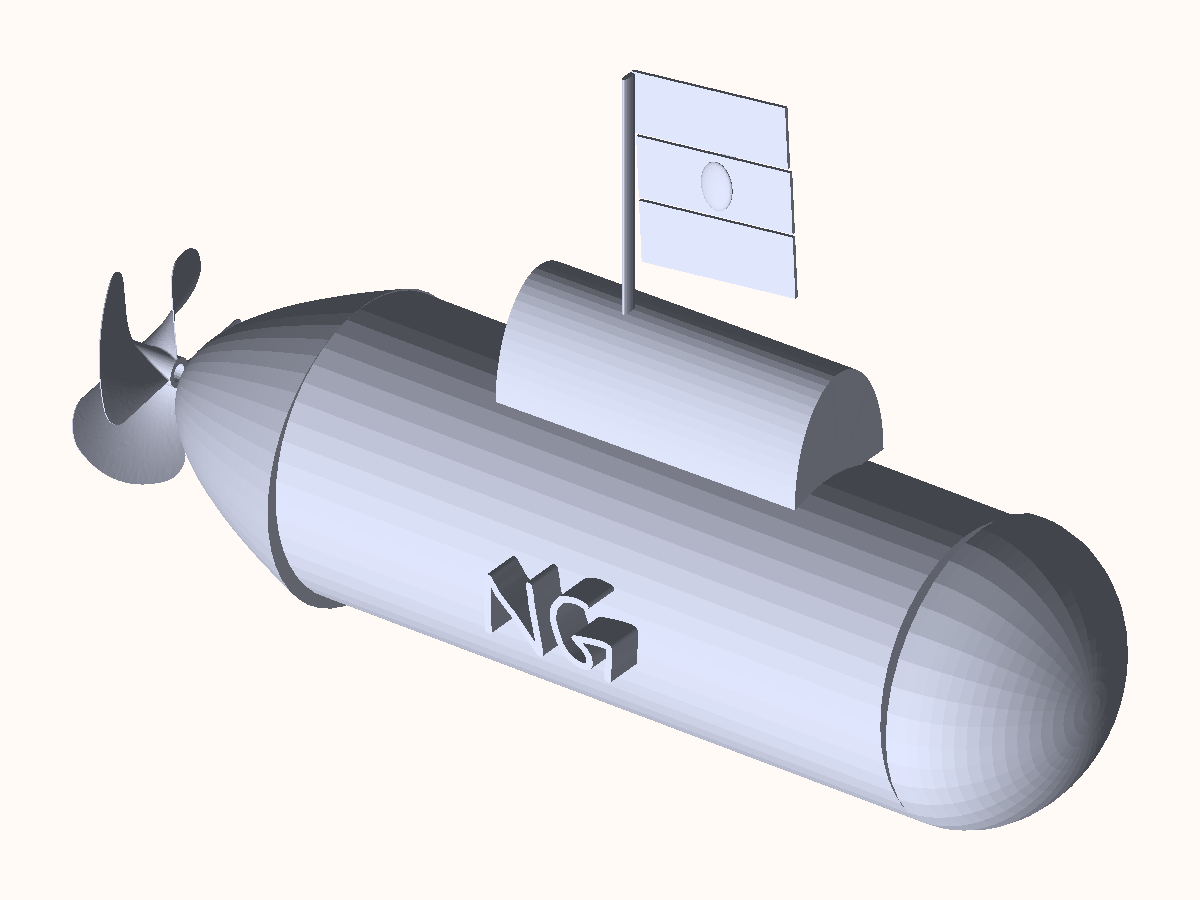 Render of the submarine model: a cylindrical hull with a domed bow, a conning tower, a flag on a mast and a three-bladed propeller